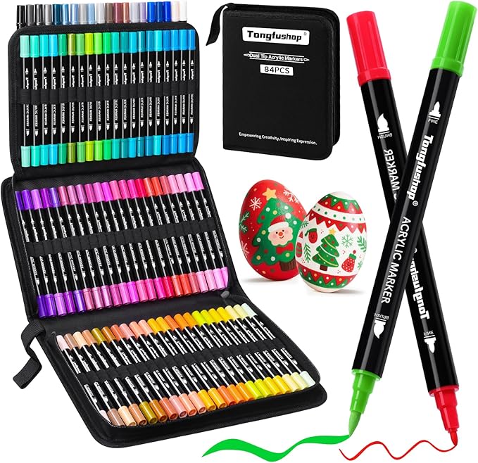 Tongfushop 84 Colors Acrylic Paint Markers, Dual Tip Acrylic Paint Pens with Brush Tip & Fine Tip, Fabric Markers for Rock Painting, Wood, Canvas, Stone, Glass, Ceramic, DIY Crafts, Art Supplies