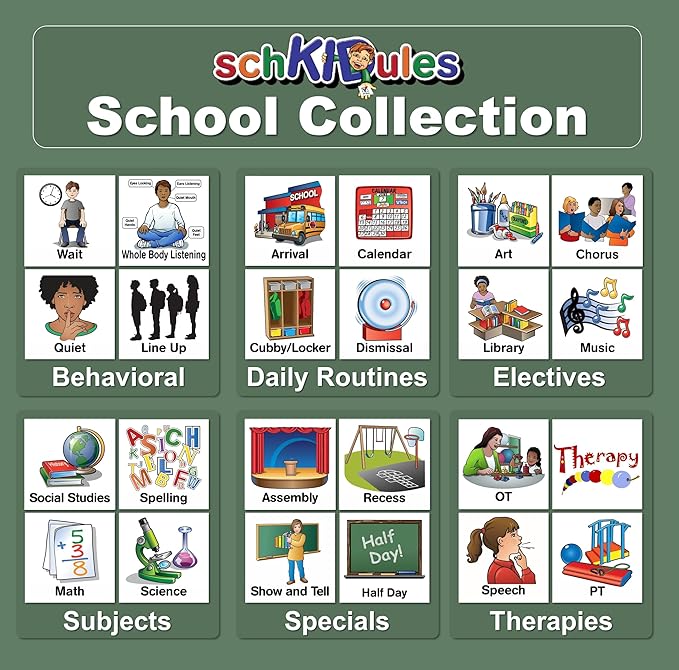 SchKIDules 87-Pc Visual Schedule Magnets (School Collection) | Sized for Individual/Small Group Use | Special Ed & IEP Support | 66 (2x2) Activity Icons + 21 Headings | Available in English & Spanish