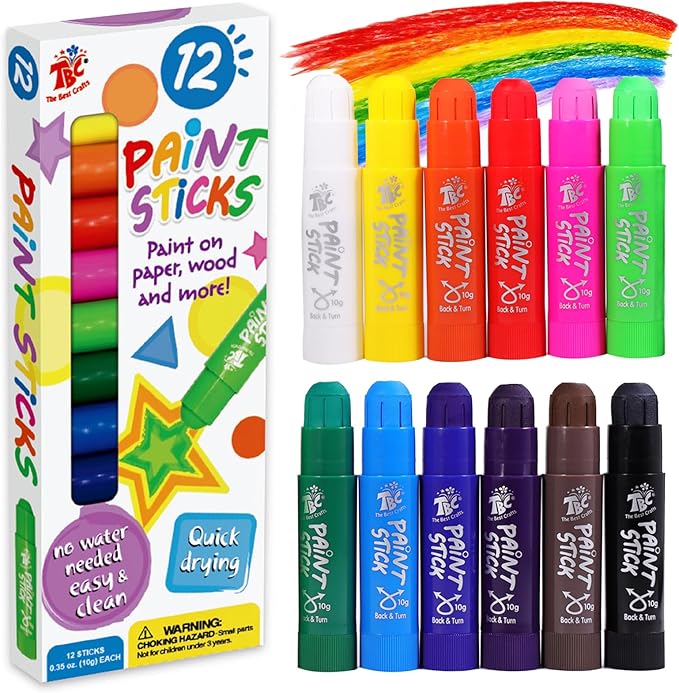 TBC The Best Crafts Paint Sticks,12 Classic Colors, Washable, Non-toxic, Tempera Paint Sticks for Kids and Students