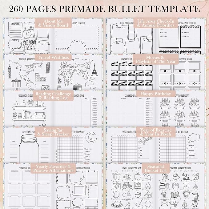 Everloria Premade Dotted Journal Notebook, 12 Months Pre-made Templates, 260 Hand-Drawn Coloring Pages, Undated Weekly & Monthly Planner, 7.8"x9.3" Leather Dot Grid Mood Habit Tracker