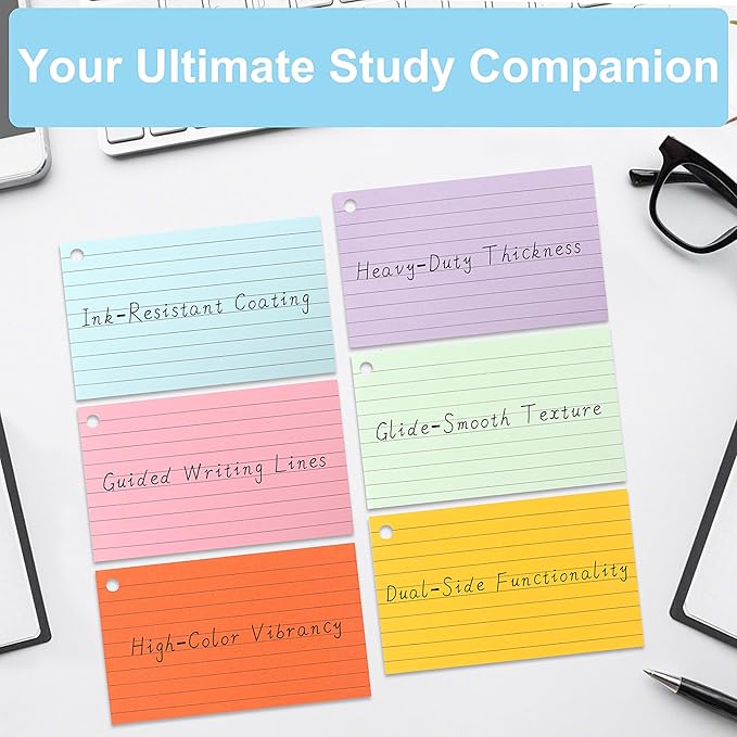 JUNART 300 pcs Index Cards(6 Colours × 50 Pages) with 6 Binder Rings, Perforated Colourful Flash Cards for Study Notes, Office, Home, etc