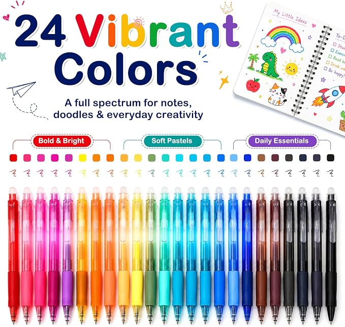Erasable Gel Pens, 24 Assorted Colors, 0.7mm Fine Point Retractable Gel Ink Pens with Erasers, Smooth Writing Multicolor Pens for Journaling, Note Taking, Planning, Drawing and Art Projects
