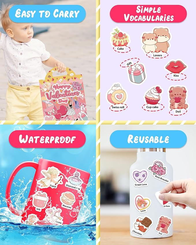 Benresive Reusable Sticker Book for Toddlers, Stickers for Kids, Travel Toys for Arts & Crafts Activities, Birthday Gift for Boys & Girls, Valentines Themes