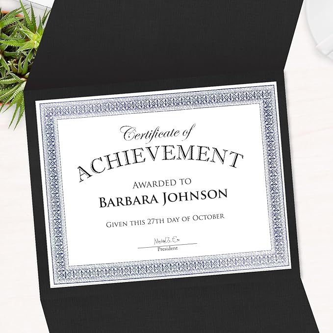 Geographics Certificate Holders - Tri-Fold Navy Linen 9.25x12.5 Inches - 50 Pack - Embossed Die-Cut 80 lb Cover Stock - Silver Medallion Foil Stamp - Ideal for Awards - 218 GSM Document Holder
