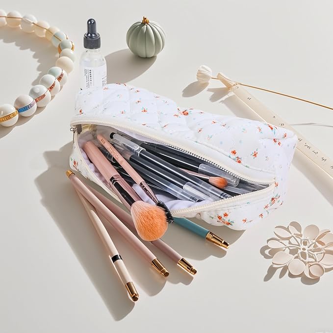 Carry bloom Pencil Pouch Cute Pencil Case for Girls Aesthetic Pencil Bag with Zipper Pen Cases School Supplies Makeup Bag (3 floral beige)