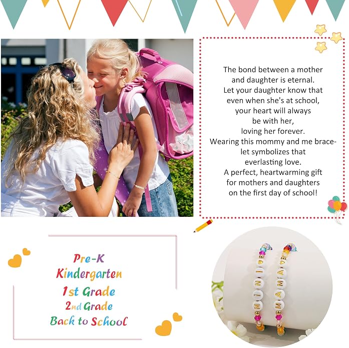 BAYLAY Back to School Bracelet - First Day of School Preschool/Kindergarten/1st Grade/2nd Grade/Back to School Stuff Gifts Supplies Mommy and Me Mommy Daughter Bracelets Heart Beaded Bracelets Gifts