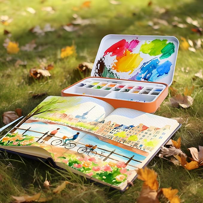 AUREUO Small Travel Watercolor Set - 18 Colors Portable Mini Water Color Kit with Tin Box for Beginners