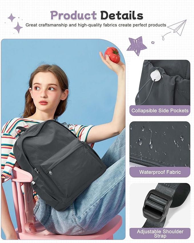 BJLFS Grey Backpack for School Women Girls, Waterproof Bookbag Cute High School Back Pack for Men Teen Boys, Lightweight Travel College Backpack Mochilas Escolares para Casual Daypack Rucksack