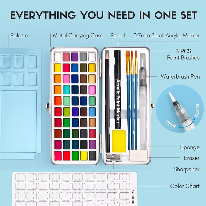 SRUOLOC Watercolor Paint Set 50 Colors, Travel Watercolor Set with Portable Carrying Case, Papers, Brushes and Accessories, Ideal for Artists, Amateur Hobbyists and Painting Lovers