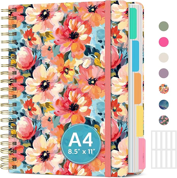 Large Spiral Lined Notebooks for Work with Removable Dividers & Tabs, 8.5"x11" Pretty Hardcover 5 Subject Notebook Journal for Women, College Ruled, Perfect for Study & Office Organization, 280 Pages,Pastel Garden