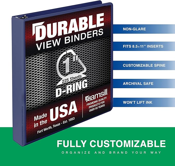 Samsill Durable 1 Inch Binder, D Ring Binder, Customizable Clear View Cover, Midnight Blue, Holds 225 Pages