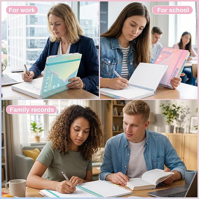 Spiral Notebook 8.5" x 11" College Ruled Hardcover Journal for Women with Removable Dividers 240 Pages 100GSM Thick Lined Journal for Writing Large 5 Subject Notebooks for School, Pink