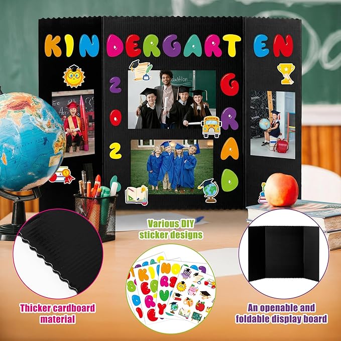 ANGOLIO Kindergarten Graduation Photo Display Board - 4 Sets Graduation Photo Trifold Poster Board with 16 Grad Themed Sticker for 2026 Grad Party Decoration Picture Collage Frame Supplies (24” x 16”)