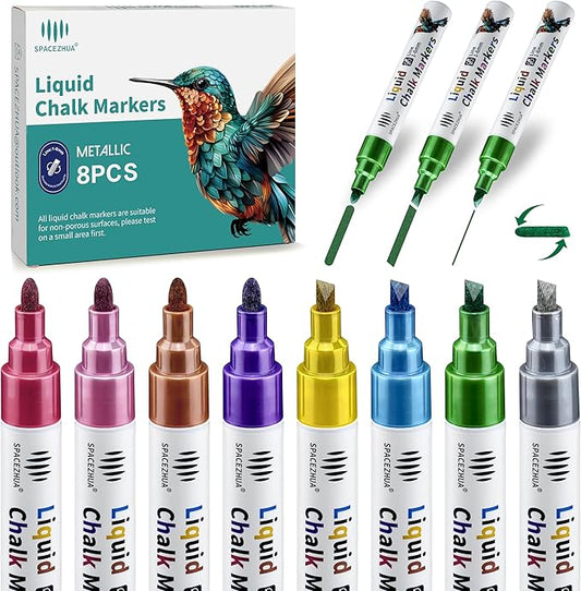 Liquid Chalk Markers with 6mm Reversible Tips 8 Colors Metallic Chalk Markers for Mirror Glass Window Cars, Blackboard Whiteboard Chalkboard, Dry - Wet Erase Pens