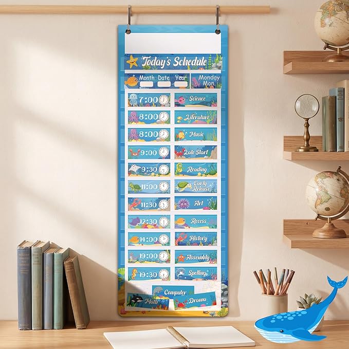 Gueevin Under the Sea Daily Schedule Pocket Chart & Card Set Include 1 Hanging Chart with 24 Pockets 2 Metal Hooks 60 Schedule & Activity Cards Reusable Calendar for Kindergarten Daycare Decor