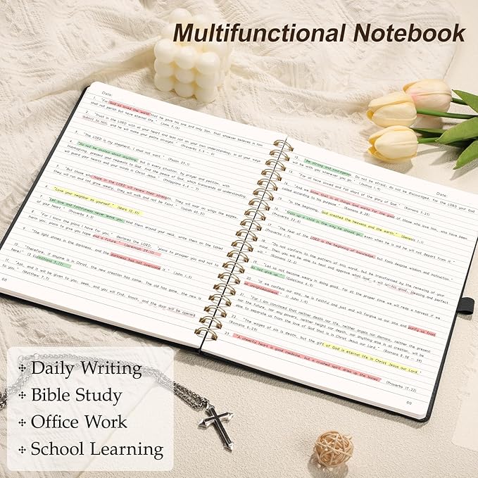 EMSHOI A4 College Ruled Spiral Notebook, Large 8.27"x11.2", 110 Numbered Pages, 100GSM Ink-Proof Faux Leather Hardcover Lay-Flat Lined Journal for Work Office School Writing, Black