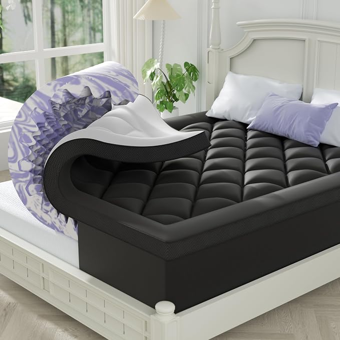 ChiXpace Dual Layer 4 Inch Memory Foam Mattress Topper Queen | 2 Inch Gel Memory Foam and 2 Inch Pillow Top Mattress Pad Cover, 7-Zone Egg Crate & 2-in-1 Design (Black-White)