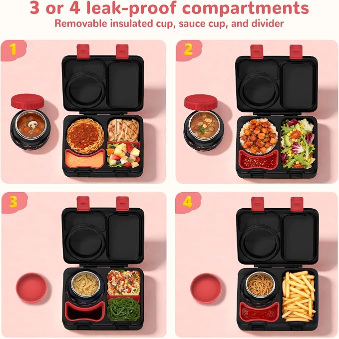 Kids Insulated Lunch Box with 8OZ Thermo Food Jar | Leakproof Bento Box with Ice Pack Sauce Cup Utensils Removable Tray & Dividers for School Daycare Travel, Racing Cars