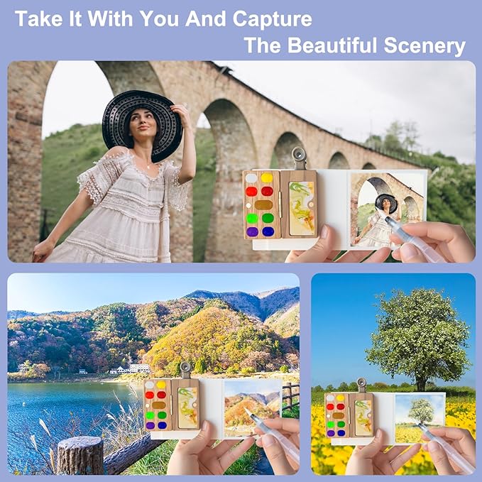 Mini Watercolor Paint Set，Travel Watercolor Set，Portable Watercolor Kit，Pocket Artist Water Color Travel Set with Include Paint, Brush and Picture Album for Beginners Artists Painting Enthusiasts