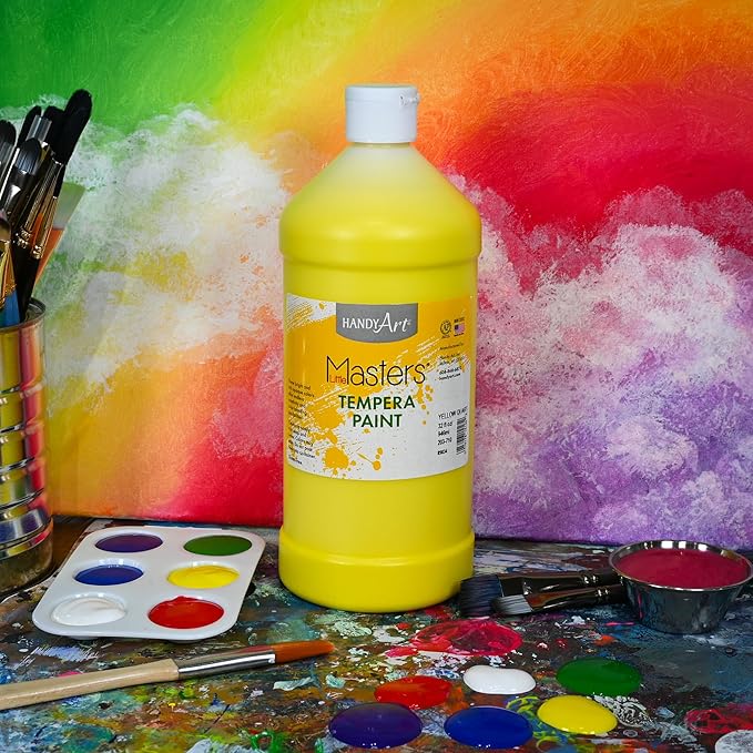 Handy Art Little Masters Tempera Paint, Yellow, 32 oz Bottle, Bright & Mixable, High Opacity, Washable Colors for Classroom, Students, Kids, Young Artists, Safe & Non-Toxic, Made in USA