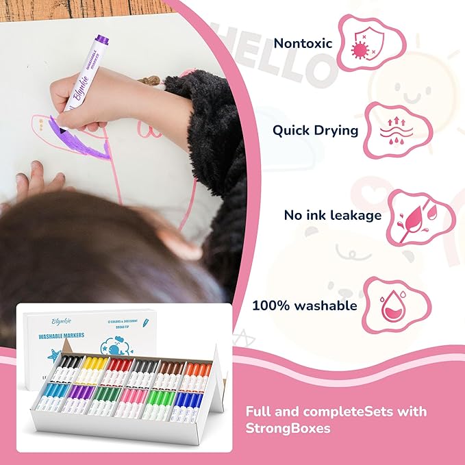 Washable Markers Bulk, Bulk Pack of 300 in 12 Vibrant Colors, Broad Line Markers with Conical Tips- Perfect