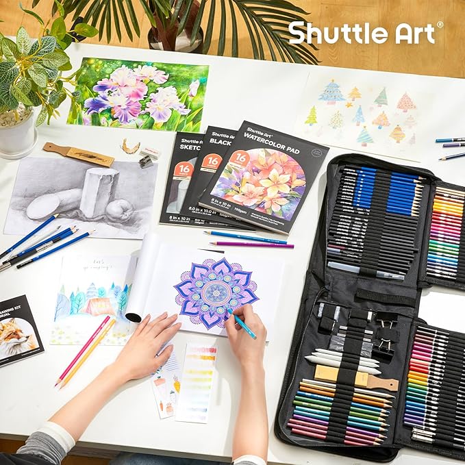 Shuttle Art 116 PCS Drawing Kit, Professional Drawing Supplies with Sketch, Charcoal, Colored, Graphite, Pastel Pencils & Sticks, Complete Drawing Tools and Paper Pads in Zipper Case for Artists&Kids