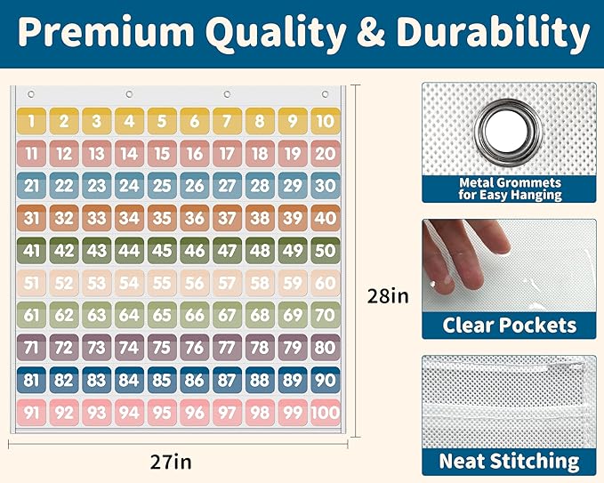 Yoink Hundred Pocket Chart with 100 Pockets and 120 Double-Sided Number Cards, Boho Number Pocket Chart for Kids Classroom Home Kindergarten, White