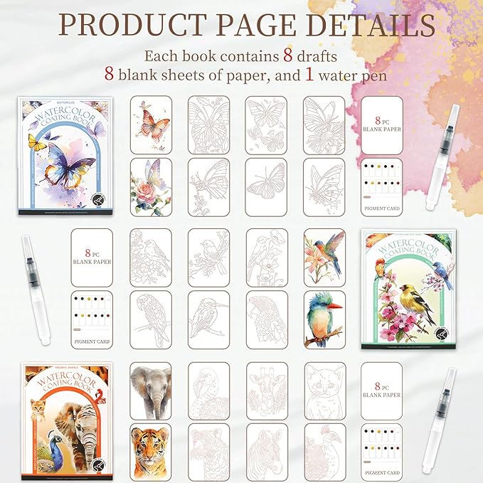 NaTuGi 3Pac Watercolor Workbook for Adults,Watercolor Coloring Book,Portable Watercolor Painting Books,Creative Stress Relief Kit,Suitable for Beginners Birthday Gift (Animal Series 3pc)