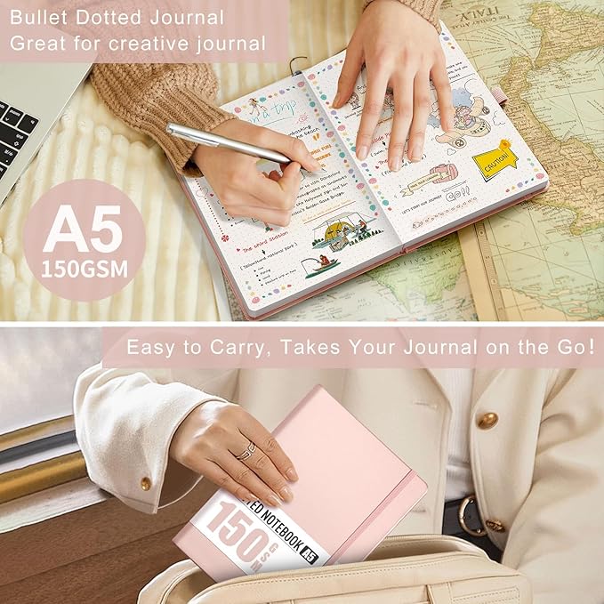 AHGXG Dotted Journal - 150 GSM Dot Grid Notebook Journal, Thick Acid-Free Paper, A5 Dotted Notebook 128 Pages, Leather Hardcover, Inner Pocket, Journal Stencil, 5.7'' × 8.3''