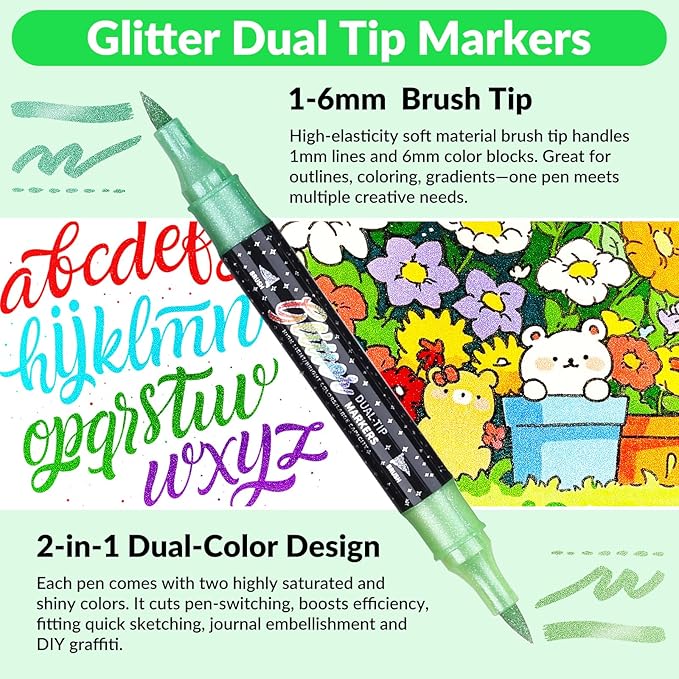 KEMYR Glitter Effect Brush Markers Pens,72 Colors Dual Tip Glitter Pens Set 36 Pack Metallic Sparkle Markers for Cards, DIY Crafts, Doodle, Writing, Adults Coloring Books, Art Supplies Scrapbooking