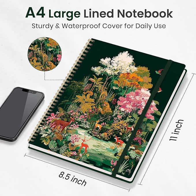 Taja Large Spiral Lined Journal for Women, 8.5" x 11" Notebooks for Work Collge Ruled, A4 Aesthetic Cute Journaling Notebooks for Writing, Plastic Cover, Enchanted Forest