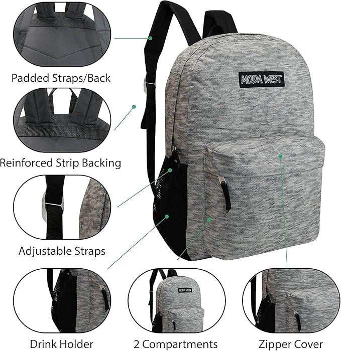 12-Pack 17” Sport Backpacks with 52 Piece School Supplies Kits - Pens, Pencils, Crayons – Bulk Bundle for Elementary, Middle, and High School Students, 12 Assorted Styles