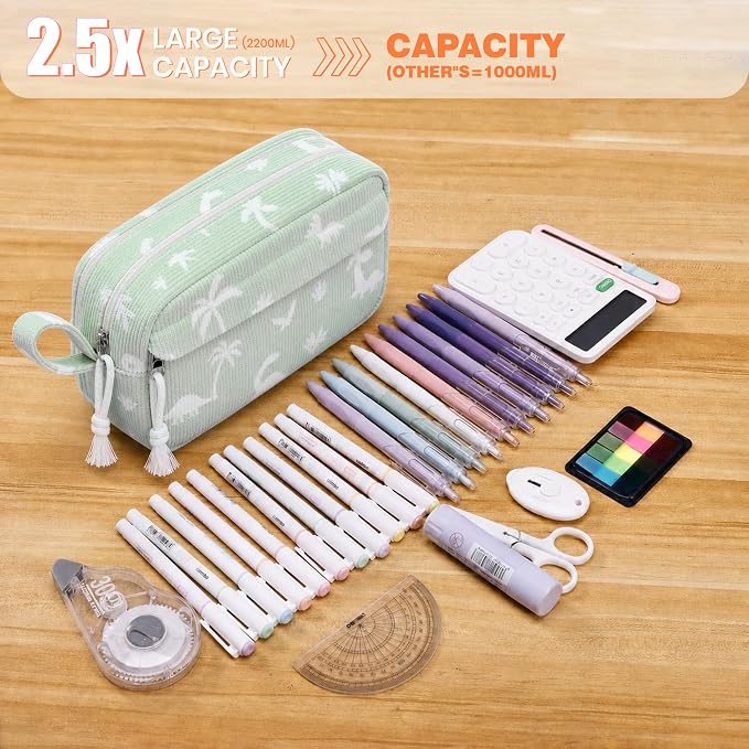 Big Capacity Pencil case,Soft Corduroy Pencil Bag with 3 Compartment,Pencil Pouch School Supplies Cute Pencil Box Pencil Bag for Teen Girls Boys College (Dinosaur)