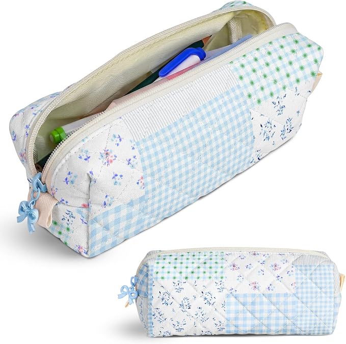 Cute Quilted Pencil Case for Women, Aesthetic Small Floral Pencil Pouch, Slim Soft Pencil Bag for Stationery Supplies & Daily Use（Green Blue Patchwork）