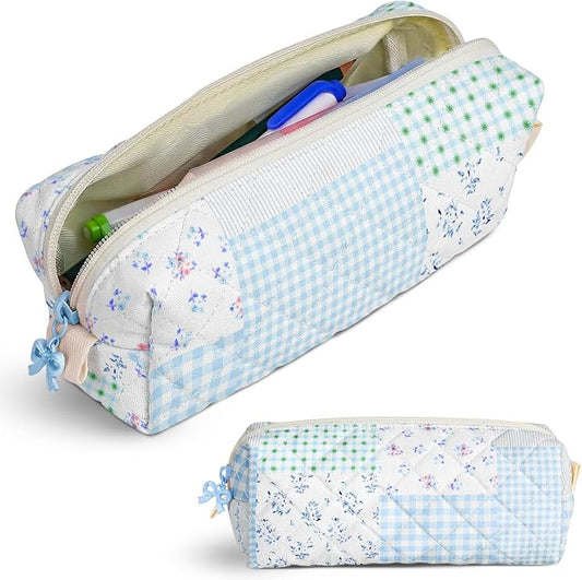 Cute Quilted Pencil Case for Women, Aesthetic Small Floral Pencil Pouch, Slim Soft Pencil Bag for Stationery Supplies & Daily Use（Green Blue Patchwork）
