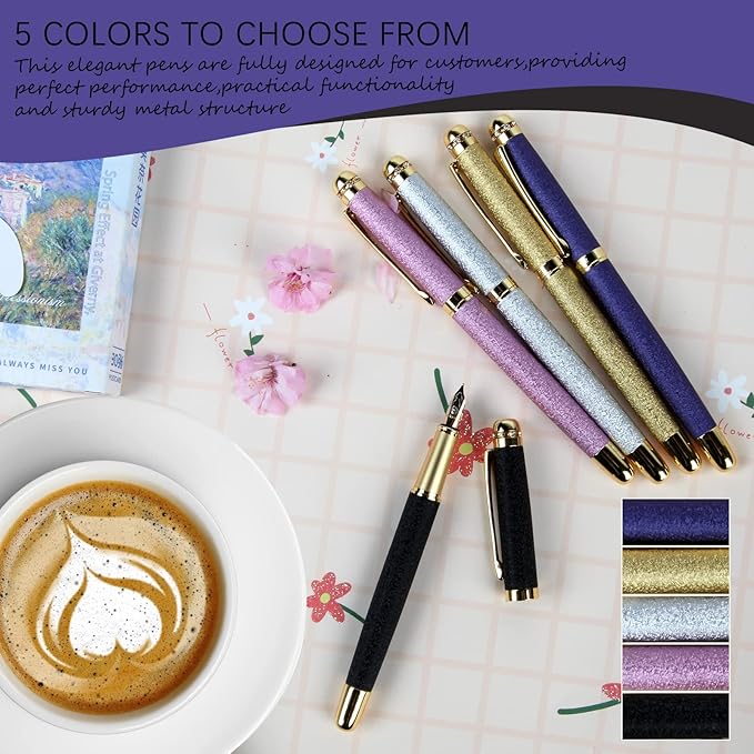 fountain pen-Multiple color styles with rhinestone,diamond inlay and frosted finish,Cute pens,Luxury pen,Office pens,Best pen set,Includes 10 Ink Cartridges and Ink Refill Converter(Silver)