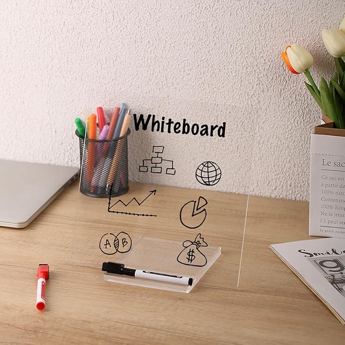 Mr. Pen- Clear Acrylic Dry Erase Board with Stand, 10x10 Inches, Reusable Desk Whiteboard with 3 Markers, Portable Dry Erase Board for Notes and Reminders, Desk Whiteboard for Office, School and Home
