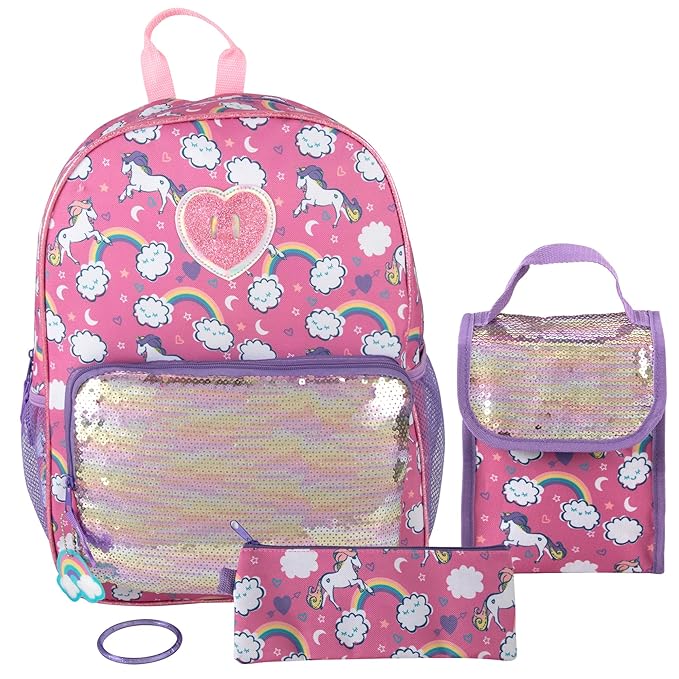 Trail maker Girls 6 in 1 Backpack and Lunch Box Set for School with Pencil Case, Water Bottle, Keychain Attached for Kids (Sparkle Unicorns)
