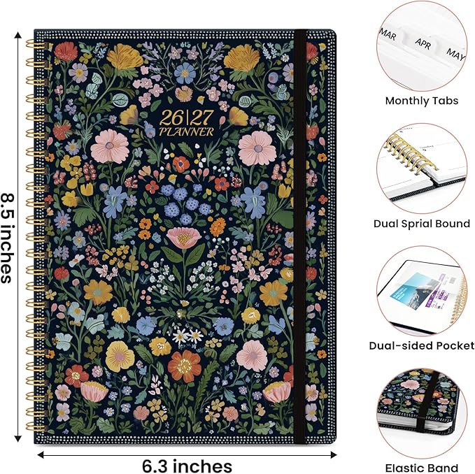Planner 2026-2027, Academic Planner Weekly and Monthly, Jul 2026 - Jun 2027, Spiral Bound School Planning Tool with Tabs and Pocket, Perfect for Students & Teacher, 6.3" x 8.5", Garden of Whimsy