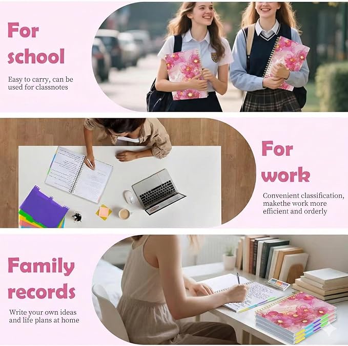 5 Subject Notebook for Work with Removable Dividers Tabs, Large 8.5" x 11 Spiral Lined Notebooks for School Note Taking & Organizer, A4 240 Pages College Ruled Journal for Women & Writing, Pink Floral