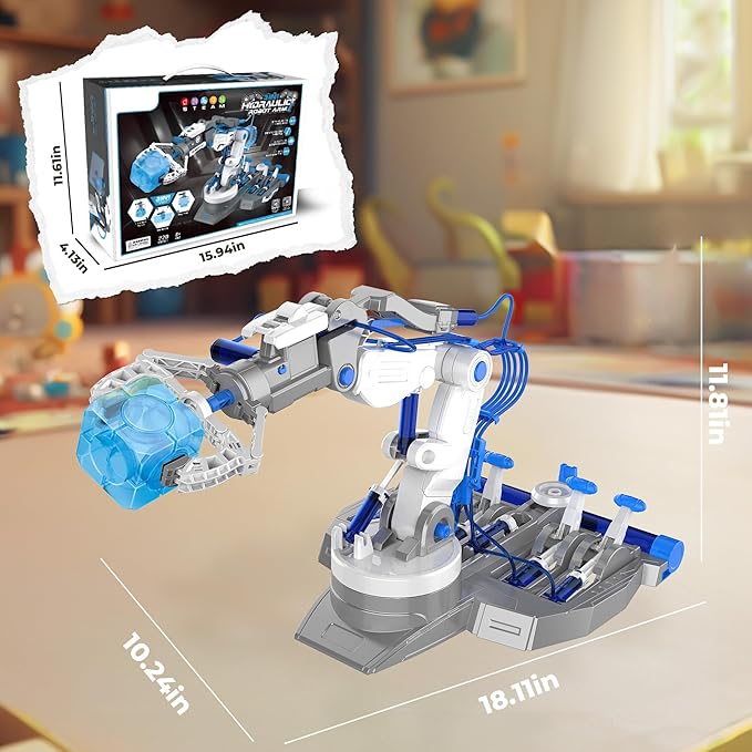 SMIESSKIDDO 3 in 1 Hydraulic Robot Arm - 220 Pcs STEM Building Toys with 4-Jaw Grab, Suction & Tongs for Kids 8-12 | No Batteries Needed Engineering Gift for Boys & Girls Ages 9 10 11 - White