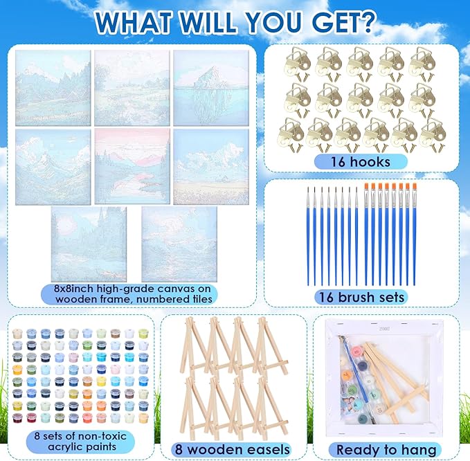 RoundFunny 8 Set Paint by Numbers Kit for Adults with 8x8 Inch Mini Simple Painting Canvas Wooden Frame Easel Acrylic Paints Brushes Funny Numbers Drawing Kit for Gift Home Wall Decor(Landscapes)
