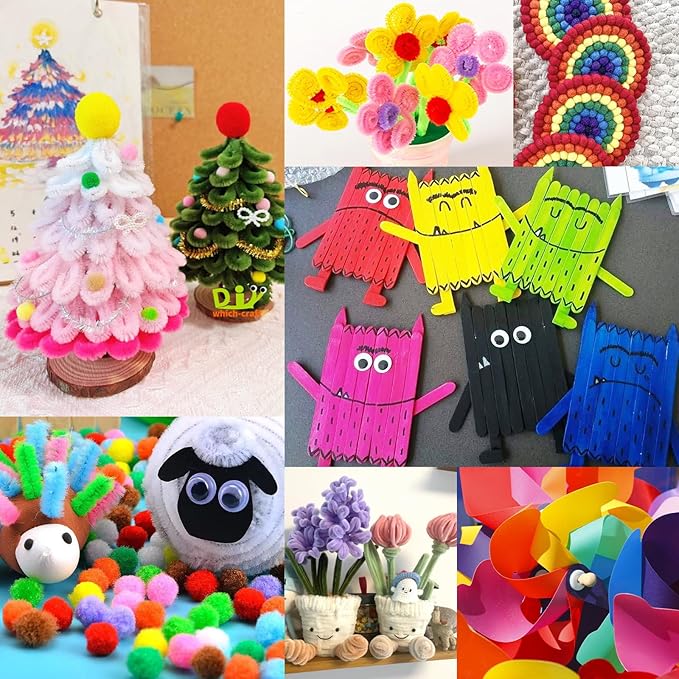 FUNZBO Arts and Crafts Supplies for Kids - Toddlers Craft Kit with Glitter Glue Stick, Pipe Cleaners, Pom Poms, Popsicle Sticks Tools, DIY School Supplies Kit, Birathday Gifts for Girls Boys Age 4+