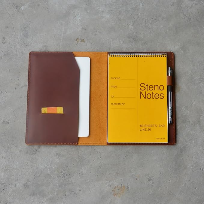 Leather Cover Compatible With 6" x 9" Spiral Steno Pads, Steno Notes 6" x 8.8" Spiral Notebooks Distressed Genuine A5 Leather Cover with Pen Loop Brown