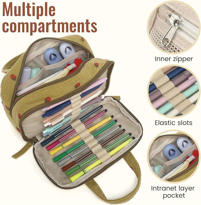 Large Pencil Case Pouch, Extra Big Pencil Bags with Zipper, Cute Corduroy Pencil Pouch with 5 Compartments, Pen Bag Wide Opening, Pencil Pouch Organizer, Pencil Box for Teen Girls Adults