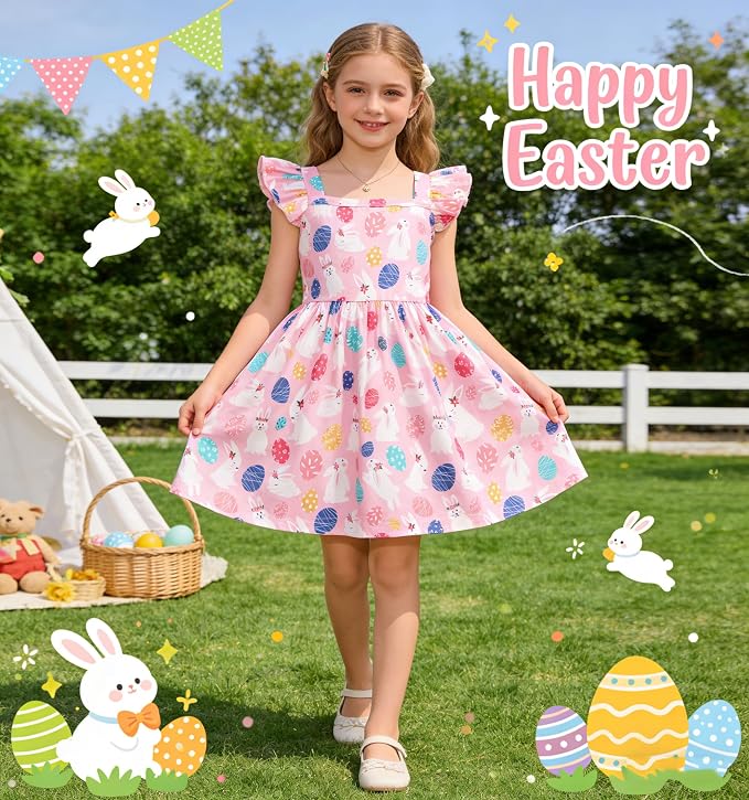 Popshion Girls Dresses Flutter Sleeve Swing Sundress Toddler Summer Clothes Kid Birthday Party Sleeveless Dress 1-8 Years Old