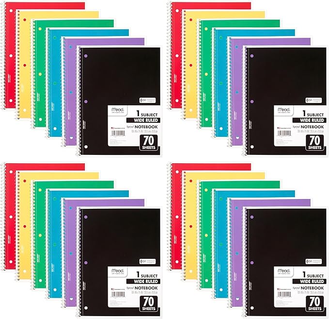 Mead Spiral Notebook, 1 Subject, Wide Ruled Paper, 7-1/2" x 10-1/2", 70 Sheets per Notebook, Colors Will Vary (930201-ECM25) (Pack of 24)