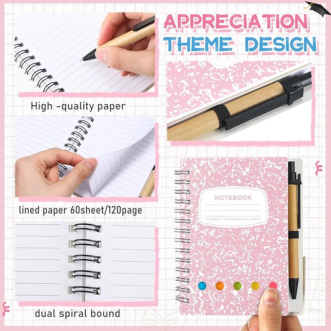 Dunzoom 24 Sets Spiral Notebook Bulk, Steno Pads Lined Notepad with Pen, Sticky Notes Colored Index Tabs, 5.2" x 4.1" Pocket Notebook for Home Business Office Supplies, 60 Sheets (Pink)