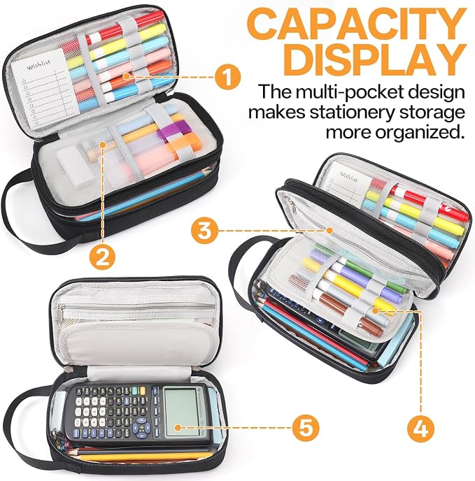 Pencil Case Large, High Capacity Canvas Big Pencil Pouch Organizer Holder | 5 Compartments Pockets Sturdy Zipper, Cute Pencil Case for School Office Student Teen
