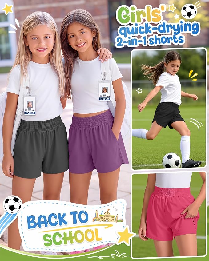 4 Pack Girls Athletic Shorts 2 in 1 Quick Dry High Waist Tween Shorts with Liner Kids Back to School Running Shorts